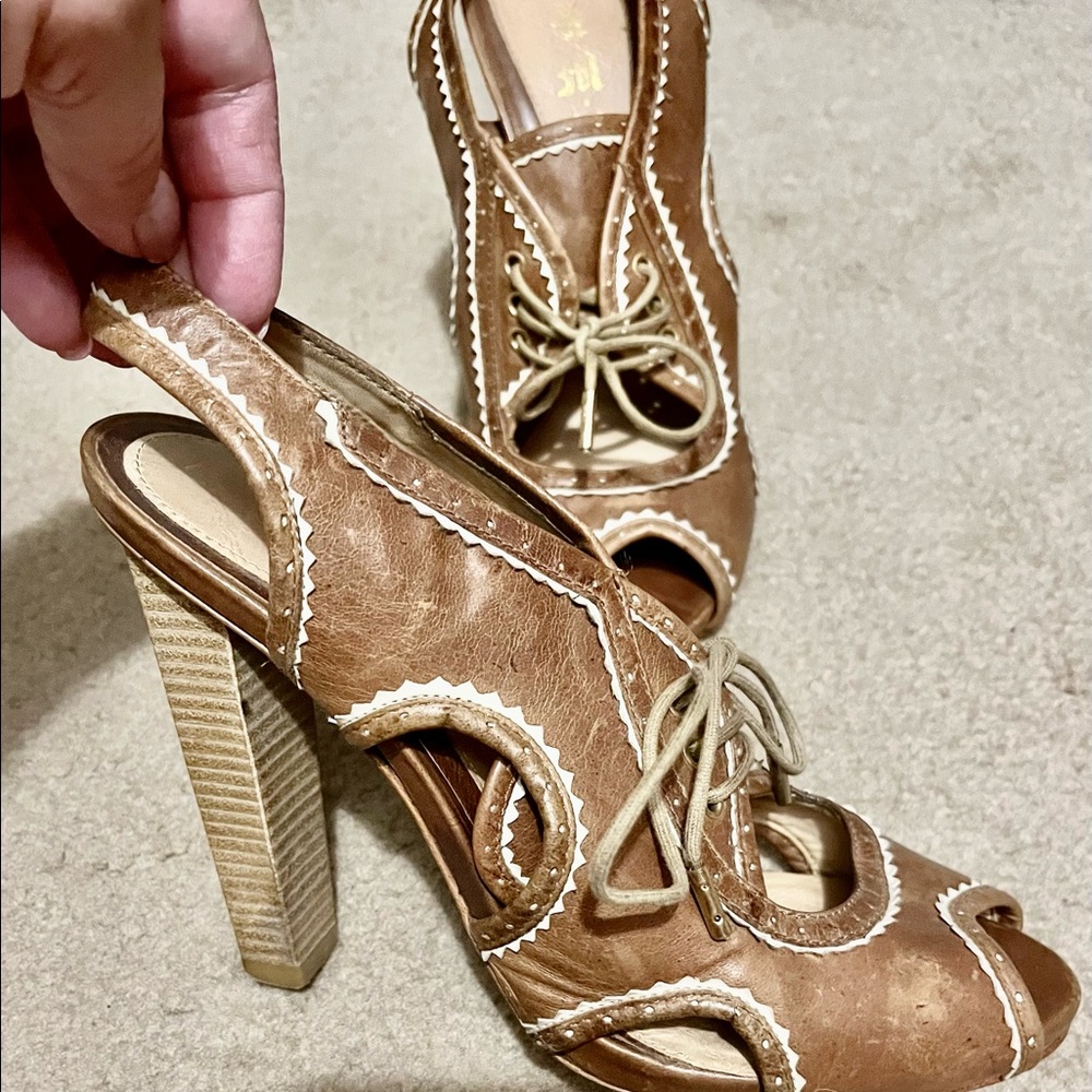 L.A.M.B. Brown and Cream Cutout Lace-Up Peep-Toe Heels